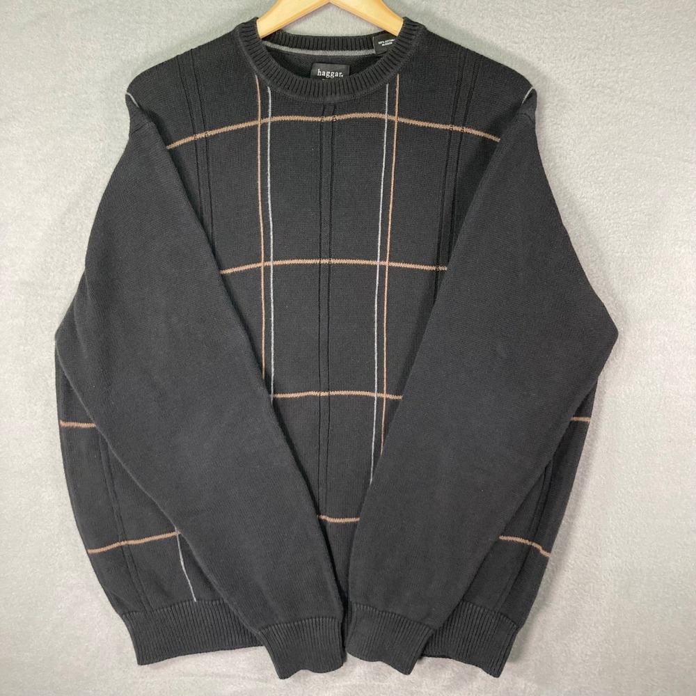 Haggar Mens Sweater XL‎ Black Plaid Crew Neck Cotton Knit Pullover